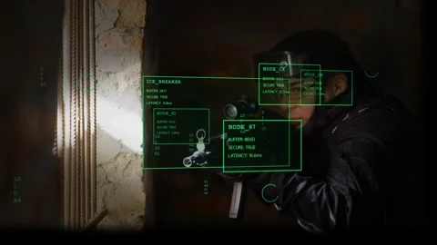 Male operator aiming rifle, using security AR HUD tracking aim, showing NODE_87 Stock Footage 333648811