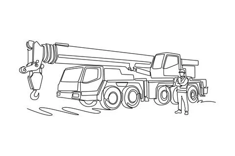 Male operator standing beside massive mobile crane truck Stock Illustration