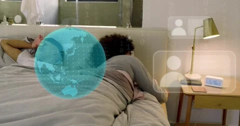 Male pair lying in bed, one man tapping clock, starting tech globe UI, waking, Stock Footage 323355026