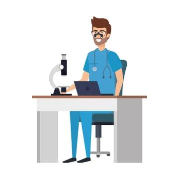 Male paramedic with microscope in workplace Stock Illustration