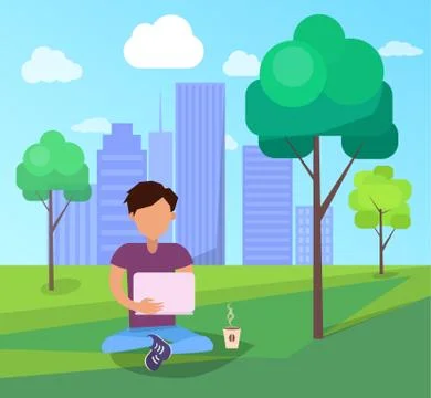 Male in Park Using Modern Computer Technologies Illustrazione stock