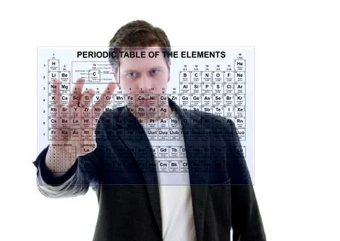 Male with Pereodic Table of Elements on touch screen interface. Isolated on w Stock Photos