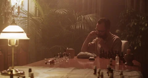 Male perfumer smelling oil while working on perfume Stock Footage 260983989