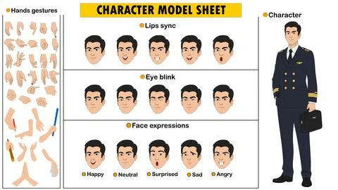 Male Pilot Character Constructor Kit. Customizable Airline Captain Model Sheet  Stockillustratie