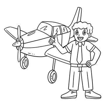 Male Pilot In Front of a Plane Isolated Coloring Stock Illustration