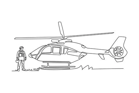 Male pilot standing next to large medical rescue helicopter Stock Illustration