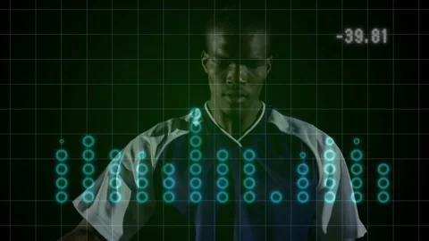 Male player lifting leg, tracking ball entering top-right, animated sports grid Stock Footage 331005294