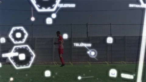 Male player pushing off turf doing lateral jumping drill while hex HUD tracking 스톡 동영상 334352098