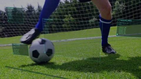Male player stepping on ball, rolling while sports HUD tracking, pushing ball Stock Footage 334743804
