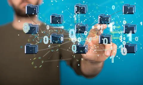 Male pointing at an artificial intelligence cloud technology - integrated 스톡 사진