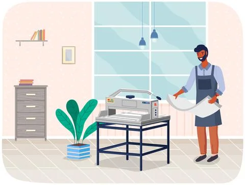 Male polygraphy worker in printing studio near cutting machine. Employee of Ilustración de archivo