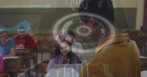 Male presenter adjusting papers starting talk for class HUD overlaying frame Stockbeeldmateriaal 331109032