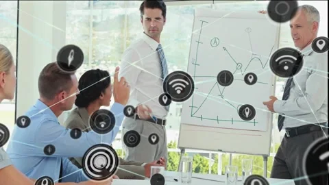 Male presenter pointing flip chart, icons appearing, connecting, showing Stock Footage 333901115