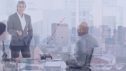 Male presenter pressing remote and showing red chart demonstrating growth, Stock Footage 331227369