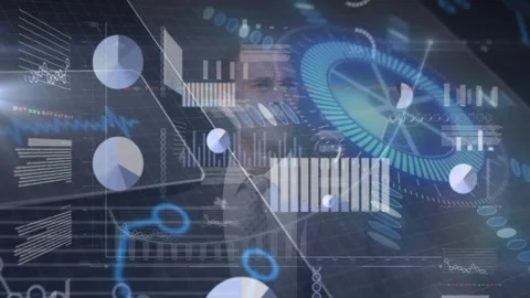 Male presenter standing while data feed starting HUD and charts overlaying him, Stock Footage 328246757