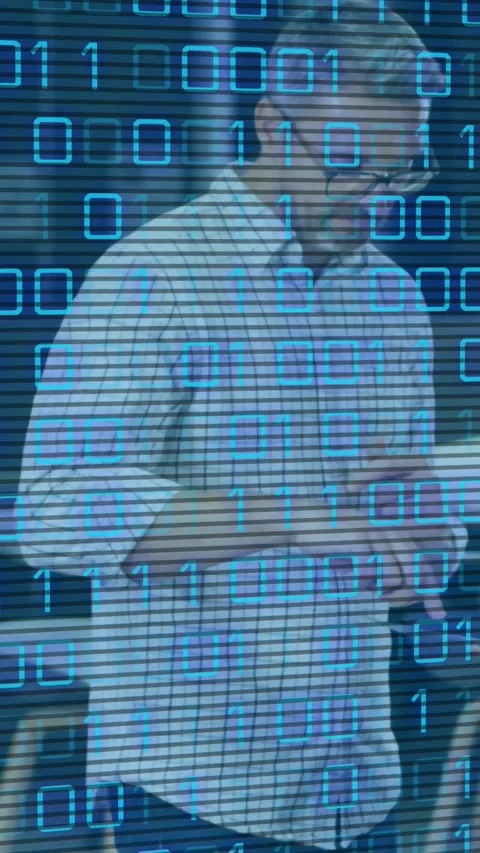 Male presenter tapping fingertips and initiating animated blue binary overlay in Stock Footage 330306197