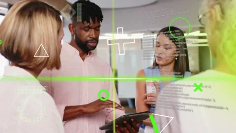 Male presenter tapping tablet, presenting business content while HUD graphics Stock Footage 333733957