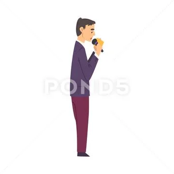 Male Presenter, TV Show Host with Microphone on Stage, Side View Cartoon Style Stock Illustration