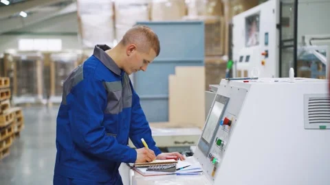 Male process engineer, skilled worker programming CNC machine. Work process at Stock Footage 281332645