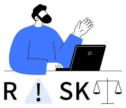 Male professional analyzing risks on laptop, balancing decision outcomes and Illustrazione stock