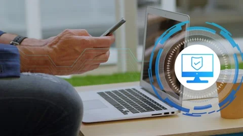 Male professional tapping smartphone checking security status, animated HUD 스톡 동영상 334768353