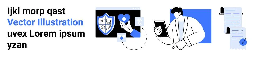 Male professional using tablet, shield with medical icons, and documents and  Stock Illustration