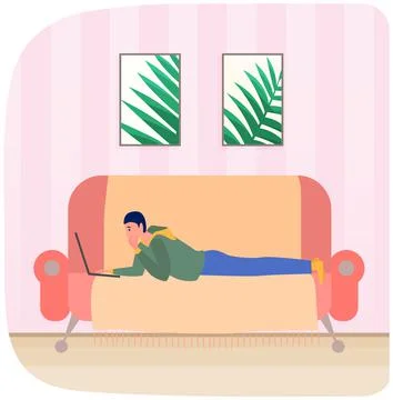 Male programer sits with digital technology. Man freelancer lying with laptop on Stock Illustration