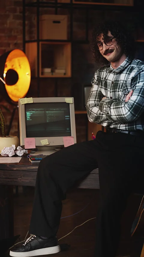 Male programmer from 90s smiling after successful launch of computer program Stock Footage 321086207