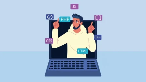 Male programmer animation, emerging from laptop screen, surrounded by progr.. Stock Footage 334522813