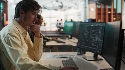Male Programmer Coding In Game Development Office Stock Footage 255796039