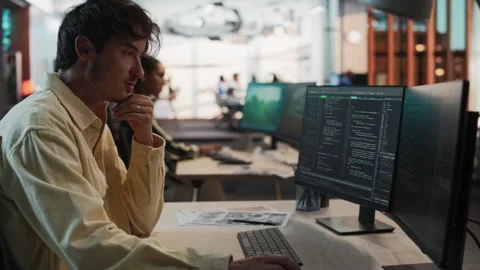 Male Programmer Coding In Game Development Office Stock Footage 255796315