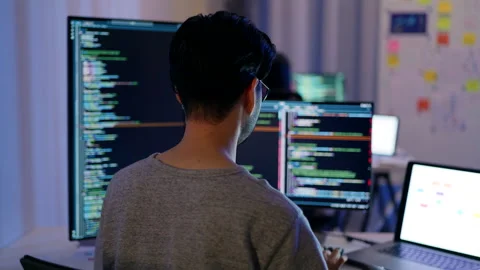 Male Programmer Coding on Multiple Monitors at Night. Stock Footage 273192623