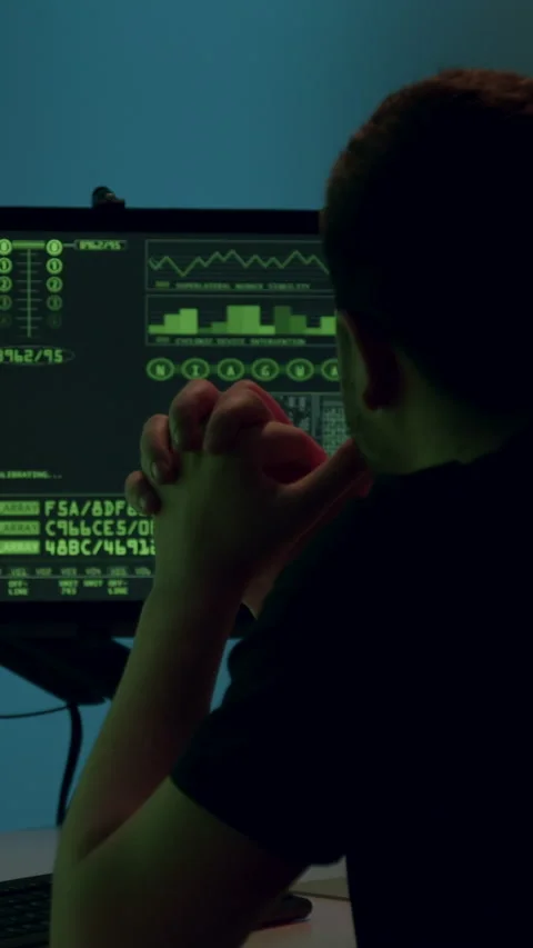 Male programmer, focused on multiple computer screens displaying code and data Stock Footage 315441660