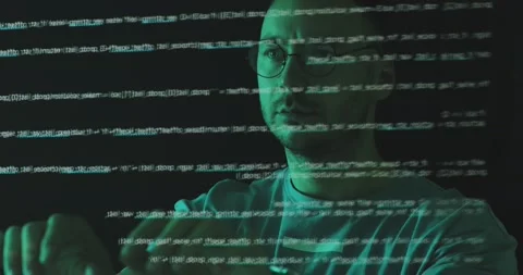 Male programmer hacker coding working with innovative technology display Stock Footage 156826482