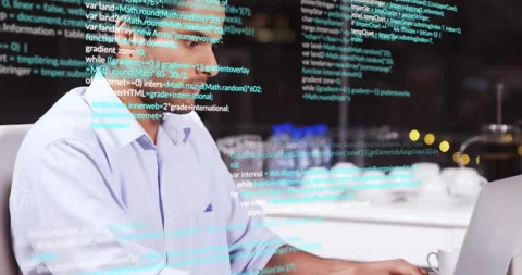 Male programmer typing on laptop with code overlay checking printout planning Stock Footage 316191380