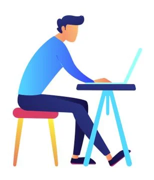 Male programmer using laptop at desk vector illustration. Stock-Illustration