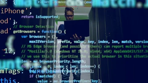 Male programmer is walking and coding data is coming up above him Stock Footage 114738762