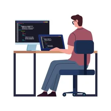 Male programmer working with computers 库存插图