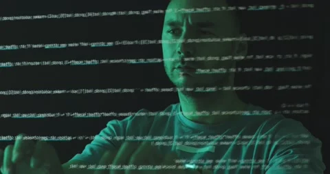 Male programmer working, typing, coding, analyzing data with innovation screen Stock Footage 157129379