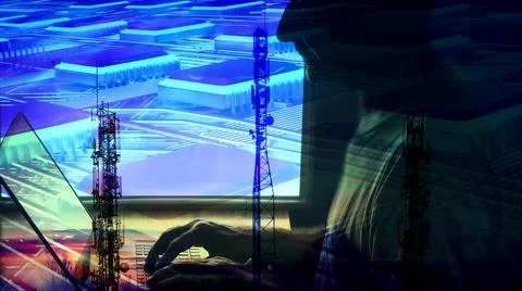 A male programmer works in front of a computer against the background of a 5G 写真素材