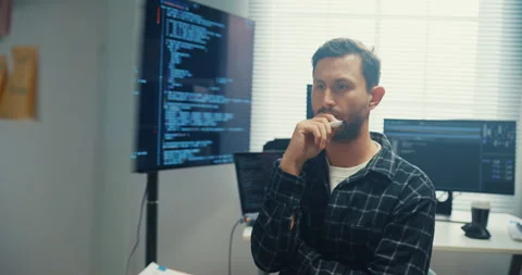 Male programmer write creative plan on whiteboard in home office. Stock Footage 344046668