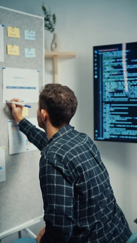 Male programmer write creative plan on whiteboard in home office. Stock Footage 344046710