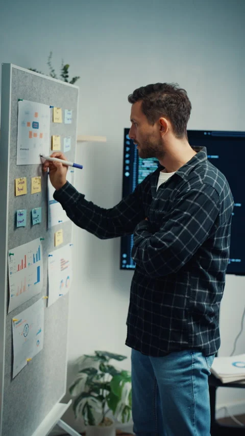 Male programmer write creative plan on whiteboard in home office. Video stock 344046872