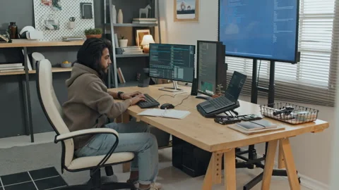 Male Programmer Writing Computer Code in Home Office 스톡 동영상 255931080