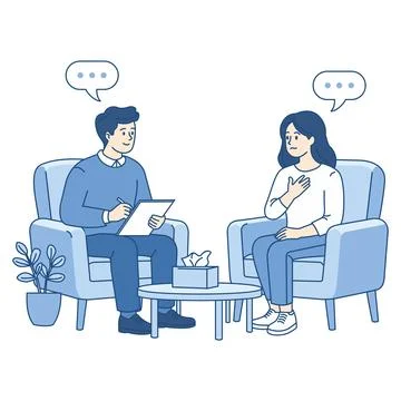 Male psychiatrist taking notes while listening to a concerned woman patient d 库存插图