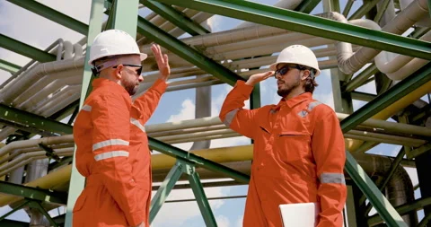 Male refinery engineer and technician shake hand beneath pipeline structure, Stockbeeldmateriaal 344390947