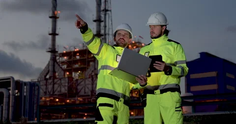Male refinery supervisor points toward industrial structure while engineer Stock Footage 344395843