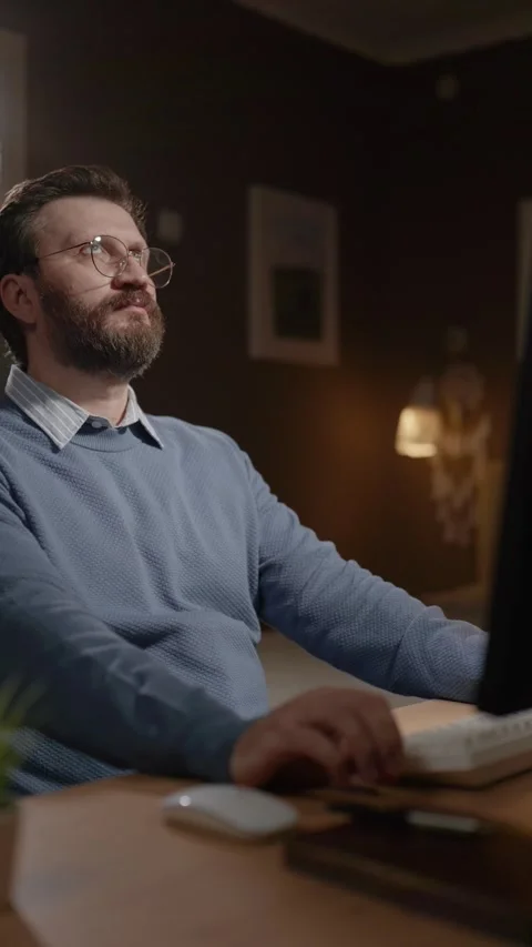 Male remote worker computer user in home office is thoughtfully waiting for Stock Footage 337643490