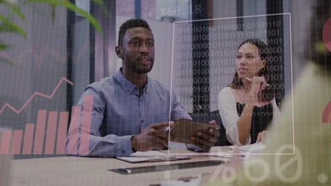 Male rep tapping tablet, sharing business data at meeting, animated charts Stock Footage 334729322