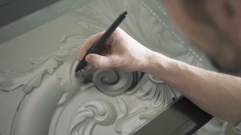 Male restorer is working on project using graphic tablet in modern studio. Stock Footage 93100216